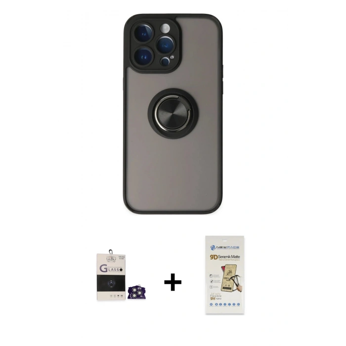 MARSİLYAN™- iPhone 14 Pro Max Kılıf Yörünge Çizgi - Siyah Mat Seramik Nano Ekran Koruyucu + Bilvis Titan Kamera Lens - GS
