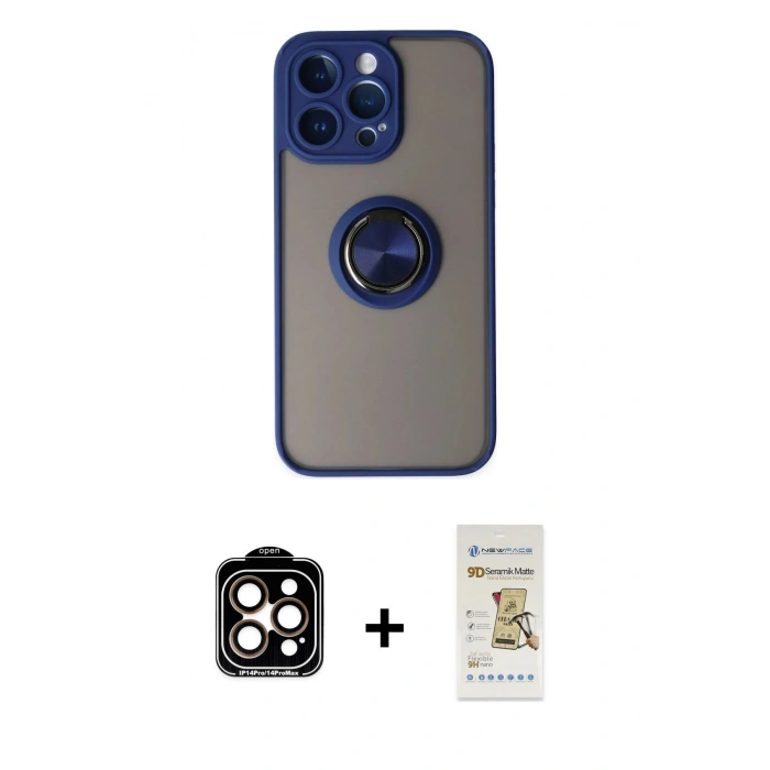 MARSİLYAN™- iPhone 14 Pro Max Kılıf Yörünge Çizgi - Siyah Mat Seramik Nano Ekran Koruyucu + Turuncu PVD Metal Kamera Lens