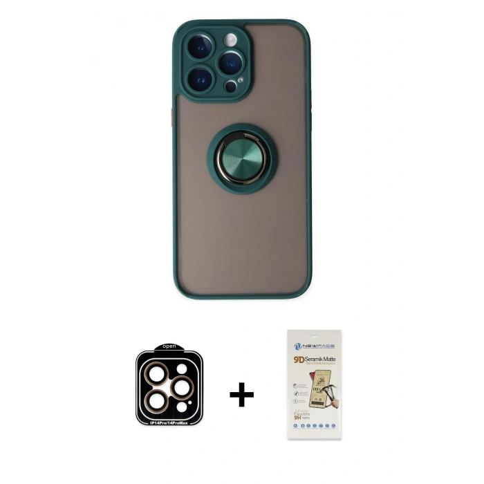 MARSİLYAN™- iPhone 14 Pro Max Kılıf Yörünge Çizgi - Siyah Mat Seramik Nano Ekran Koruyucu + Turuncu PVD Metal Kamera Lens
