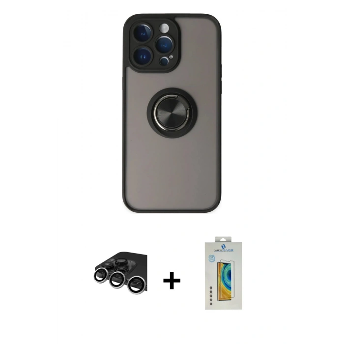 MARSİLYAN™- iPhone 14 Pro Max Kılıf Yörünge Çizgi - Siyah Polymer Nano Ekran Koruyucu + Raze Metal Kamera Lens - GS