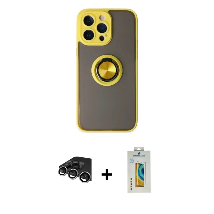 MARSİLYAN™- iPhone 14 Pro Max Kılıf Yörünge Çizgi - Siyah Polymer Nano Ekran Koruyucu + Raze Metal Kamera Lens - GS