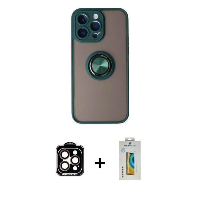 MARSİLYAN™- iPhone 14 Pro Max Kılıf Yörünge Çizgi - Siyah Polymer Nano Ekran Koruyucu + PVD Metal Kamera Lens - TU