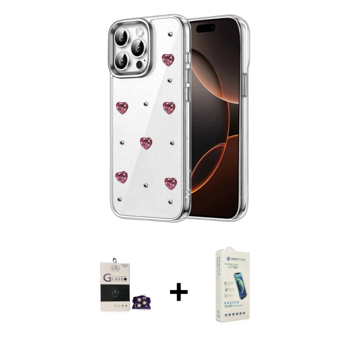 MARSİLYAN™- iPhone 14 Pro Max Kılıf Yörünge Form - Şeffaf Pasifik Cam Ekran Koruyucu + Bilvis Titan Kamera Lens - GD