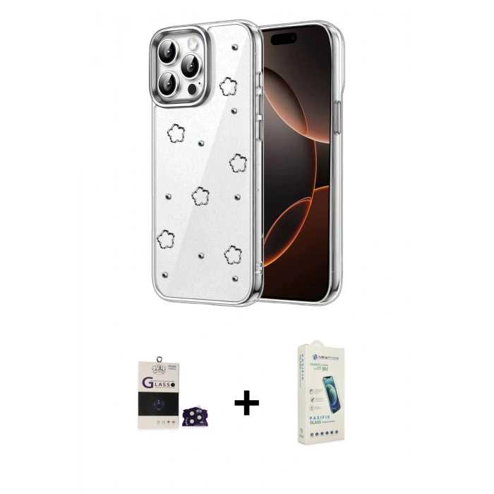 MARSİLYAN™- iPhone 14 Pro Max Kılıf Yörünge Form - Şeffaf Pasifik Cam Ekran Koruyucu + Bilvis Titan Kamera Lens - DNMR