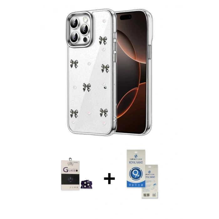 MARSİLYAN™- iPhone 14 Pro Max Kılıf Yörünge Form - Şeffaf Royal Nano Ekran Koruyucu + Bilvis Titan Kamera Lens - SH