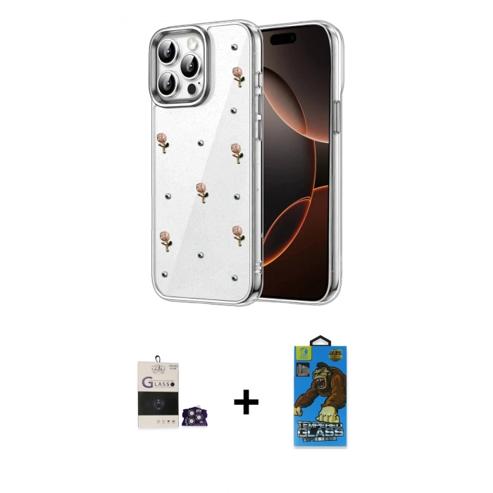 MARSİLYAN™- iPhone 14 Pro Max Kılıf Yörünge Form - Siyah 18D Cam Ekran Koruyucu + Bilvis Titan Kamera Lens - GS
