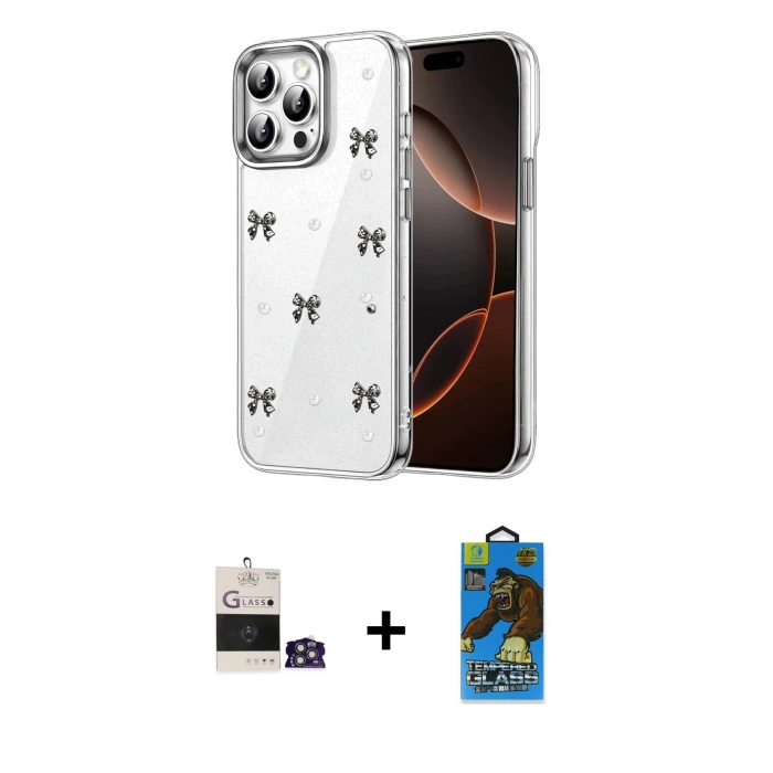MARSİLYAN™- iPhone 14 Pro Max Kılıf Yörünge Form - Siyah 18D Cam Ekran Koruyucu + Bilvis Titan Kamera Lens - GS