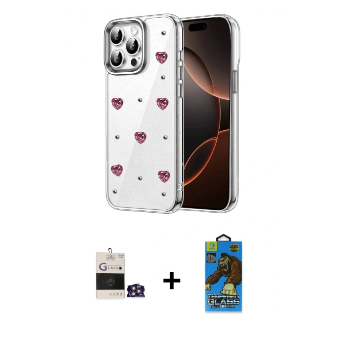 MARSİLYAN™- iPhone 14 Pro Max Kılıf Yörünge Form - Siyah 18D Cam Ekran Koruyucu + Bilvis Titan Kamera Lens - GS