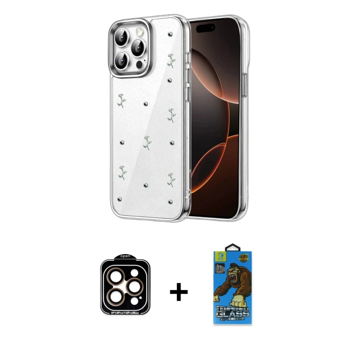 MARSİLYAN™- iPhone 14 Pro Max Kılıf Yörünge Form - Siyah 18D Cam Ekran Koruyucu + PVD Metal Kamera Lens - TU