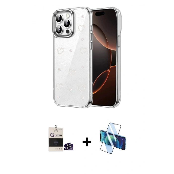 MARSİLYAN™- iPhone 14 Pro Max Kılıf Yörünge Form - Siyah 3D Antistatik Cam Ekran Koruyucu + Bilvis Titan Kamera Lens - SH