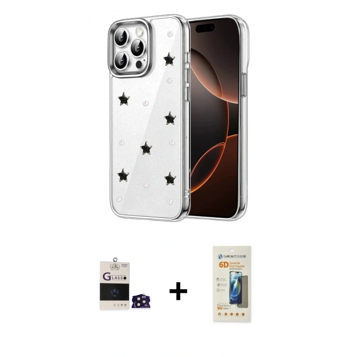 MARSİLYAN™- iPhone 14 Pro Max Kılıf Yörünge Form - Siyah 6D Mat Seramik Hayalet Nano Ekran Koruyucu + Bilvis Titan Kamera Lens - DNMR