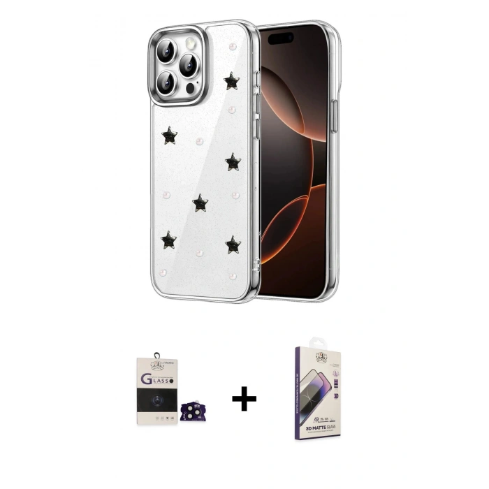 MARSİLYAN™- iPhone 14 Pro Max Kılıf Yörünge Form - Siyah Bilvis 3D Mat Cam Ekran Koruyucu + Siyah Bilvis Titan Kamera Lens