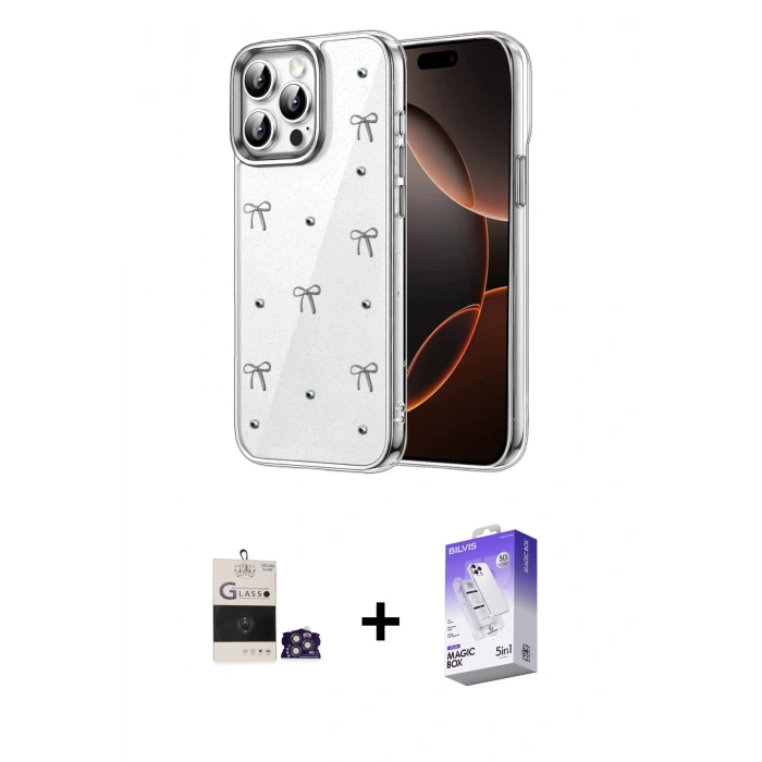 MARSİLYAN™- iPhone 14 Pro Max Kılıf Yörünge Form - Siyah Bilvis 5in1 3D Magic Cam Ekran Koruyucu + Bilvis Titan Kamera Lens - GS