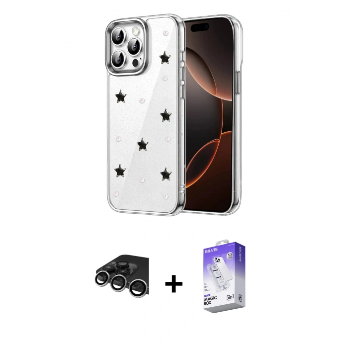 MARSİLYAN™- iPhone 14 Pro Max Kılıf Yörünge Form - Siyah Bilvis 5in1 3D Magic Cam Ekran Koruyucu + Raze Metal Kamera Lens - GS