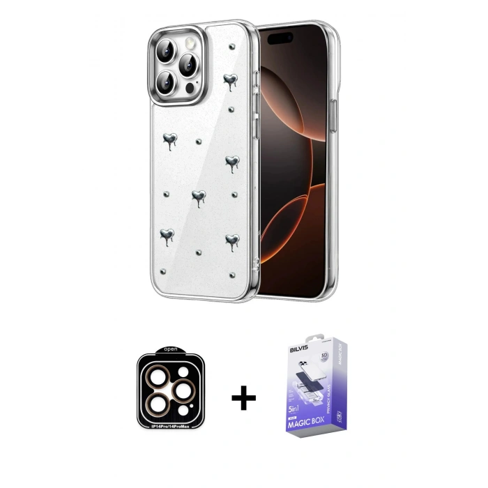 MARSİLYAN™- iPhone 14 Pro Max Kılıf Yörünge Form - Siyah Bilvis 5in1 5D Magic Hayalet Cam Ekran Koruyucu + PVD Metal Kamera Lens - TU