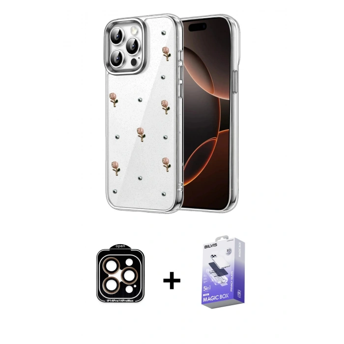 MARSİLYAN™- iPhone 14 Pro Max Kılıf Yörünge Form - Siyah Bilvis 5in1 5D Magic Hayalet Cam Ekran Koruyucu + PVD Metal Kamera Lens - TU