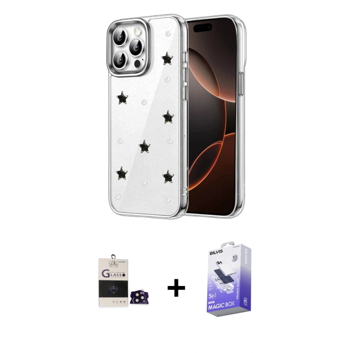MARSİLYAN™- iPhone 14 Pro Max Kılıf Yörünge Form - Siyah Bilvis 5in1 5D Magic Hayalet Cam Ekran Koruyucu + Bilvis Titan Kamera Lens - SH