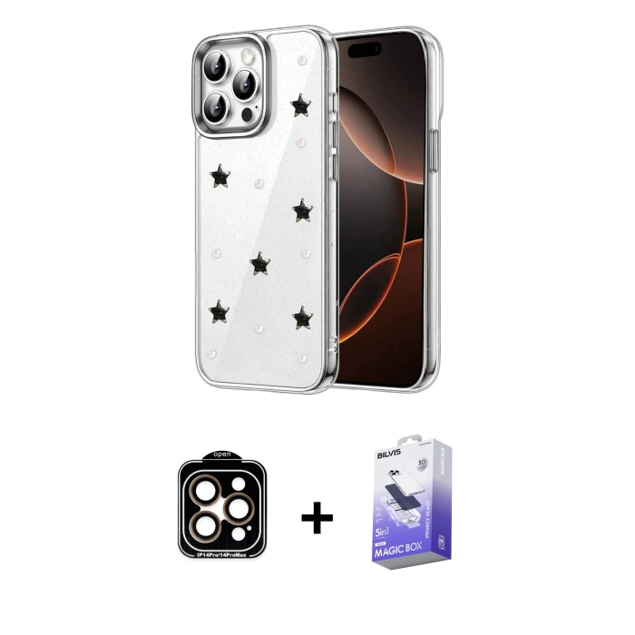 MARSİLYAN™- iPhone 14 Pro Max Kılıf Yörünge Form - Siyah Bilvis 5in1 5D Magic Hayalet Cam Ekran Koruyucu + PVD Metal Kamera Lens - TU