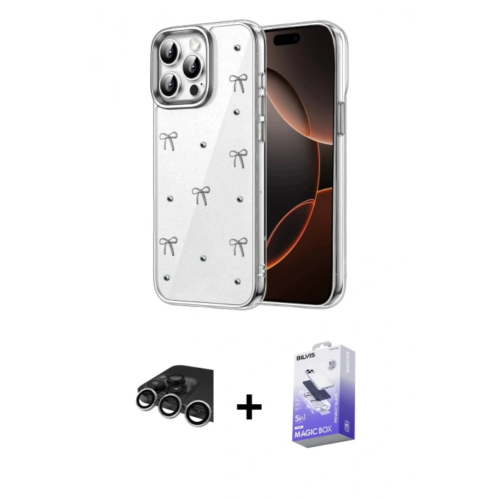 MARSİLYAN™- iPhone 14 Pro Max Kılıf Yörünge Form - Siyah Bilvis 5in1 5D Magic Hayalet Cam Ekran Koruyucu + Raze Metal Kamera Lens - GS