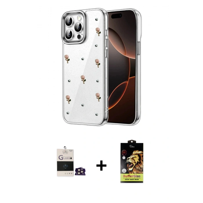 MARSİLYAN™- iPhone 14 Pro Max Kılıf Yörünge Form - Siyah Buffer Cam Ekran Koruyucu + Bilvis Titan Kamera Lens - GD