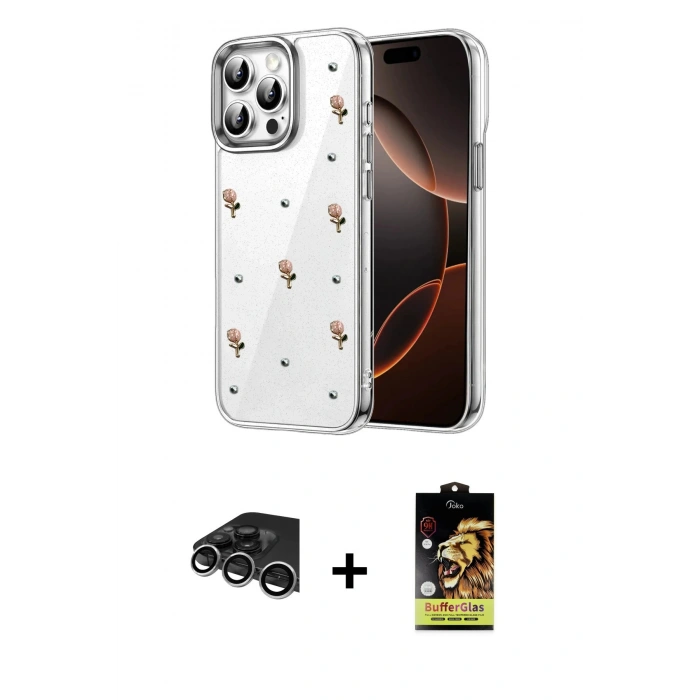 MARSİLYAN™- iPhone 14 Pro Max Kılıf Yörünge Form - Siyah Buffer Cam Ekran Koruyucu + Raze Metal Kamera Lens - GS