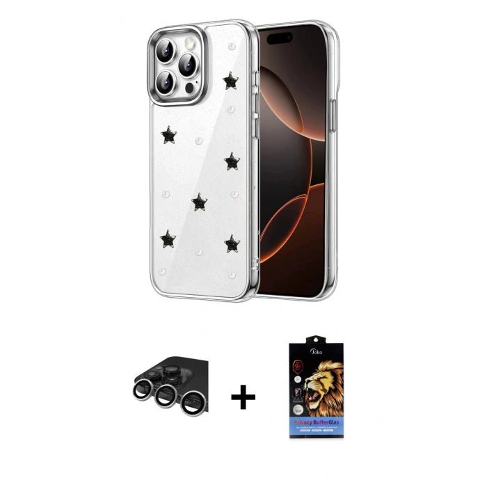 MARSİLYAN™- iPhone 14 Pro Max Kılıf Yörünge Form - Siyah Buffer Hayalet Cam Ekran Koruyucu + Raze Metal Kamera Lens - GS