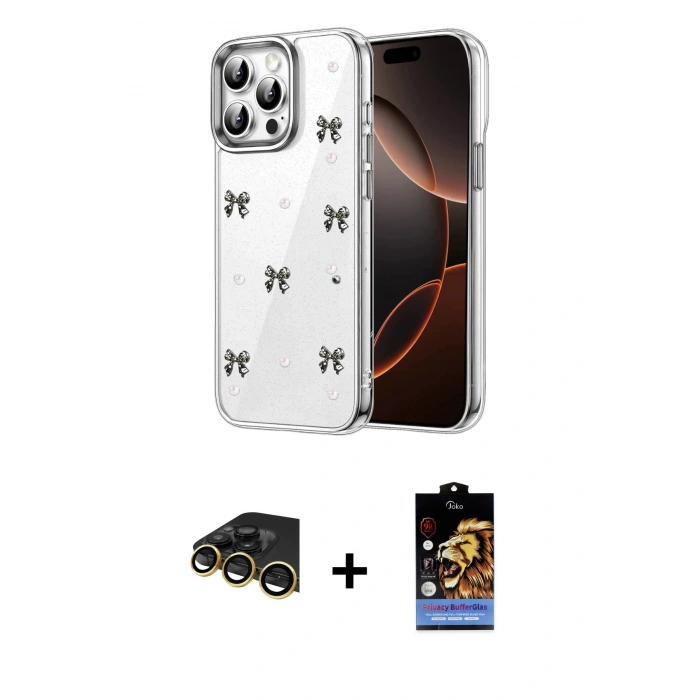 MARSİLYAN™- iPhone 14 Pro Max Kılıf Yörünge Form - Siyah Buffer Hayalet Cam Ekran Koruyucu + Raze Metal Kamera Lens - GD