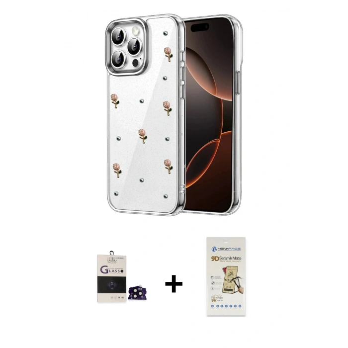MARSİLYAN™- iPhone 14 Pro Max Kılıf Yörünge Form - Siyah Mat Seramik Nano Ekran Koruyucu + Bilvis Titan Kamera Lens - SH