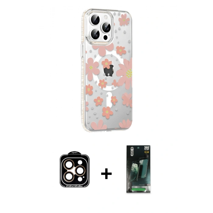 MARSİLYAN™- iPhone 14 Pro Max Kılıf Yörünge Işık Prime - Şeffaf 360 Full Body Arka Koruyucu + Turuncu PVD Metal Kamera Lens