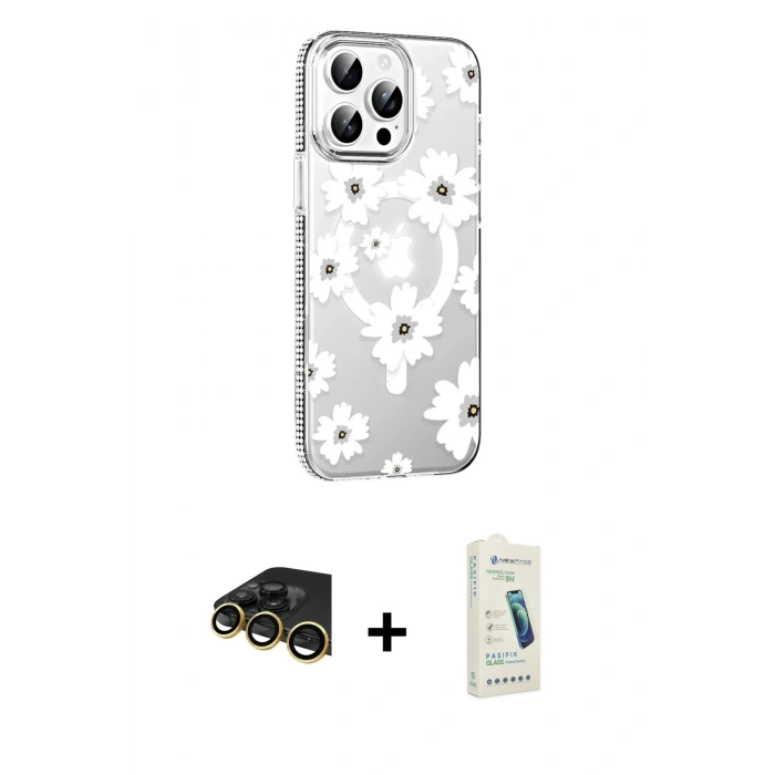 MARSİLYAN™- iPhone 14 Pro Max Kılıf Yörünge Işık Prime - Şeffaf Pasifik Cam Ekran Koruyucu + Raze Metal Kamera Lens - GD