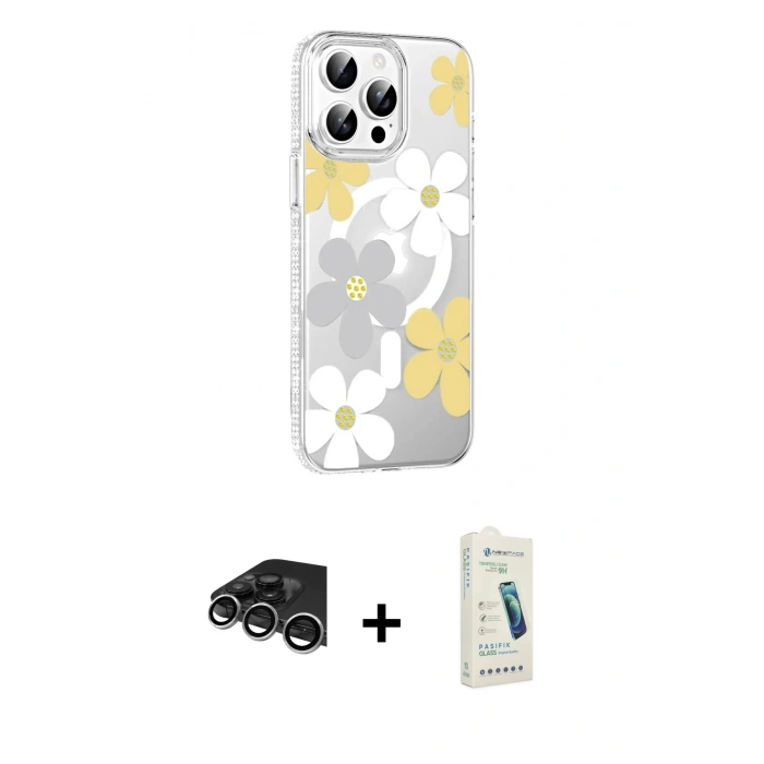 MARSİLYAN™- iPhone 14 Pro Max Kılıf Yörünge Işık Prime - Şeffaf Pasifik Cam Ekran Koruyucu + Raze Metal Kamera Lens - GS