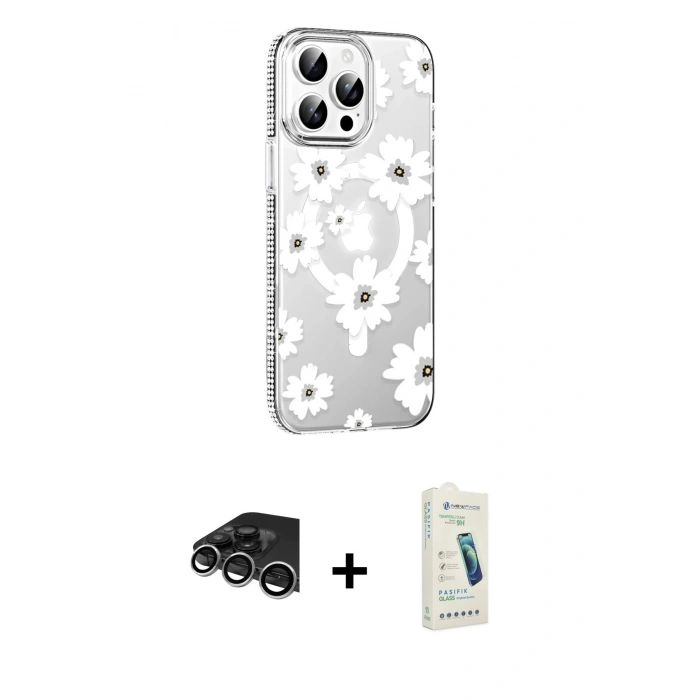 MARSİLYAN™- iPhone 14 Pro Max Kılıf Yörünge Işık Prime - Şeffaf Pasifik Cam Ekran Koruyucu + Raze Metal Kamera Lens - GS