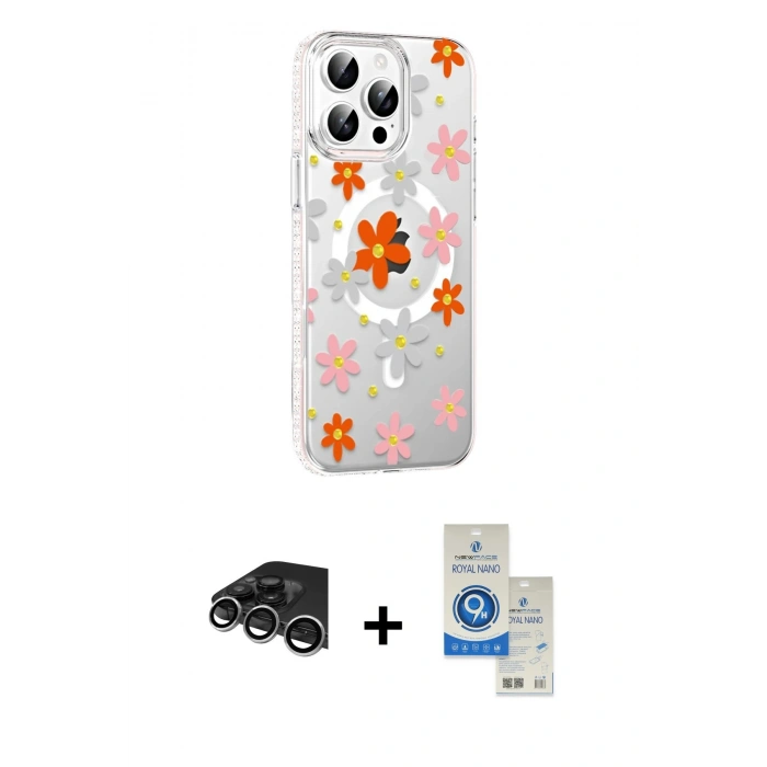 MARSİLYAN™- iPhone 14 Pro Max Kılıf Yörünge Işık Prime - Şeffaf Royal Nano Ekran Koruyucu + Raze Metal Kamera Lens - GS