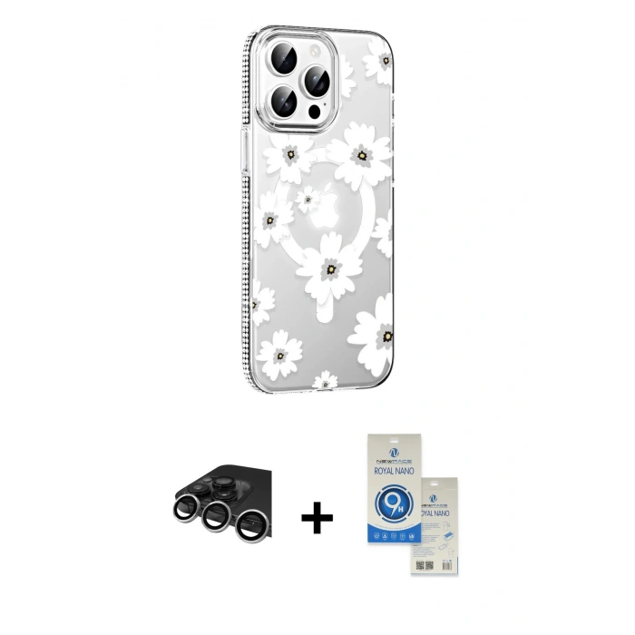 MARSİLYAN™- iPhone 14 Pro Max Kılıf Yörünge Işık Prime - Şeffaf Royal Nano Ekran Koruyucu + Raze Metal Kamera Lens - GS