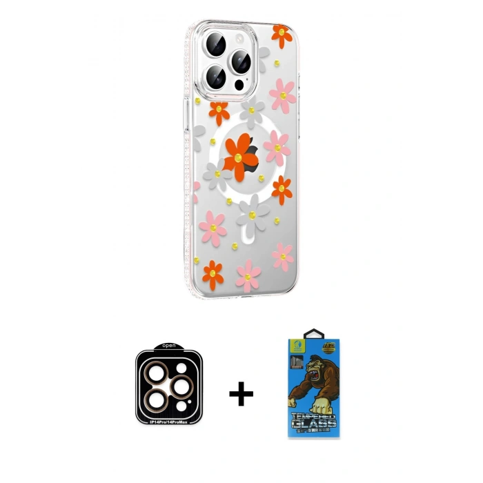 MARSİLYAN™- iPhone 14 Pro Max Kılıf Yörünge Işık Prime - Siyah 18D Cam Ekran Koruyucu + PVD Metal Kamera Lens - TU