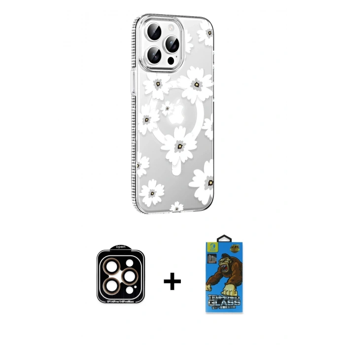 MARSİLYAN™- iPhone 14 Pro Max Kılıf Yörünge Işık Prime - Siyah 18D Cam Ekran Koruyucu + PVD Metal Kamera Lens - TU