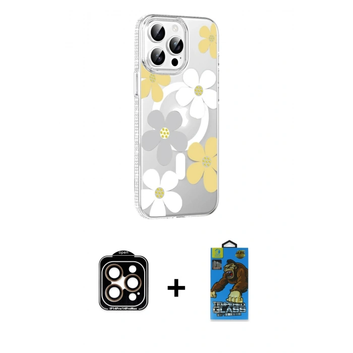 MARSİLYAN™- iPhone 14 Pro Max Kılıf Yörünge Işık Prime - Siyah 18D Cam Ekran Koruyucu + PVD Metal Kamera Lens - TU