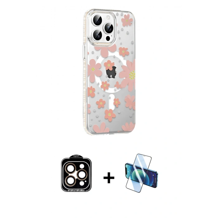 MARSİLYAN™- iPhone 14 Pro Max Kılıf Yörünge Işık Prime - Siyah 3D Antistatik Cam Ekran Koruyucu + PVD Metal Kamera Lens - TU