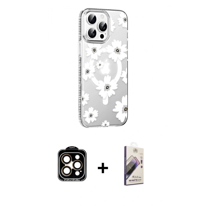MARSİLYAN™- iPhone 14 Pro Max Kılıf Yörünge Işık Prime - Siyah Bilvis 3D Mat Cam Ekran Koruyucu + PVD Metal Kamera Lens - TU
