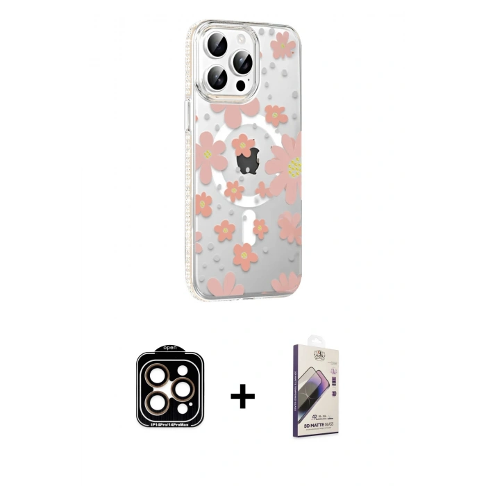 MARSİLYAN™- iPhone 14 Pro Max Kılıf Yörünge Işık Prime - Siyah Bilvis 3D Mat Cam Ekran Koruyucu + PVD Metal Kamera Lens - TU
