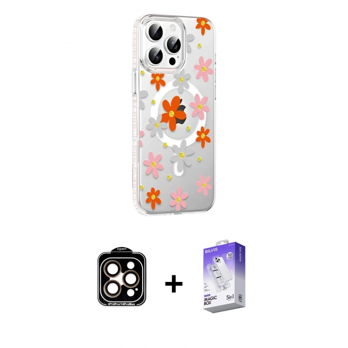 MARSİLYAN™- iPhone 14 Pro Max Kılıf Yörünge Işık Prime - Siyah Bilvis 5in1 3D Magic Cam Ekran Koruyucu + PVD Metal Kamera Lens - TU