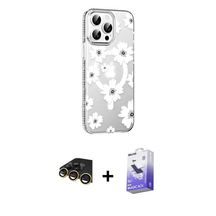 MARSİLYAN™- iPhone 14 Pro Max Kılıf Yörünge Işık Prime - Siyah Bilvis 5in1 5D Magic Hayalet Cam Ekran Koruyucu + Gold Raze Metal Kamera Lens
