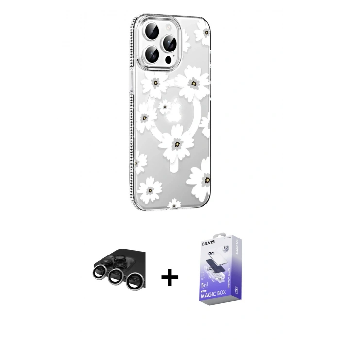 MARSİLYAN™- iPhone 14 Pro Max Kılıf Yörünge Işık Prime - Siyah Bilvis 5in1 5D Magic Hayalet Cam Ekran Koruyucu + Raze Metal Kamera Lens - GS