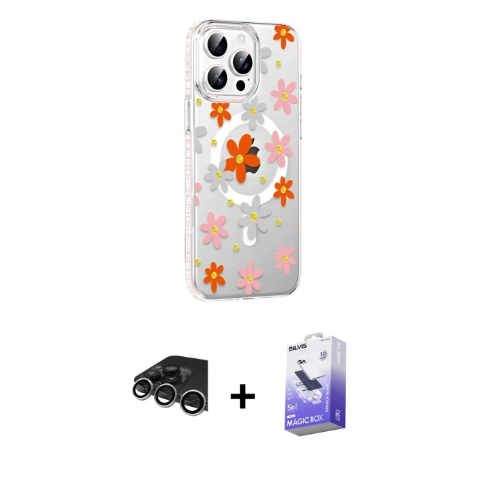 MARSİLYAN™- iPhone 14 Pro Max Kılıf Yörünge Işık Prime - Siyah Bilvis 5in1 5D Magic Hayalet Cam Ekran Koruyucu + Raze Metal Kamera Lens - GS