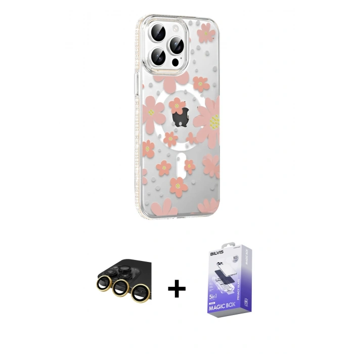 MARSİLYAN™- iPhone 14 Pro Max Kılıf Yörünge Işık Prime - Siyah Bilvis 5in1 5D Magic Hayalet Cam Ekran Koruyucu + Gold Raze Metal Kamera Lens