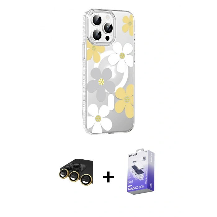 MARSİLYAN™- iPhone 14 Pro Max Kılıf Yörünge Işık Prime - Siyah Bilvis 5in1 5D Magic Hayalet Cam Ekran Koruyucu + Gold Raze Metal Kamera Lens