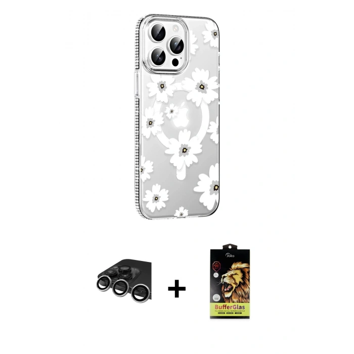 MARSİLYAN™- iPhone 14 Pro Max Kılıf Yörünge Işık Prime - Siyah Buffer Cam Ekran Koruyucu + Raze Metal Kamera Lens - GS