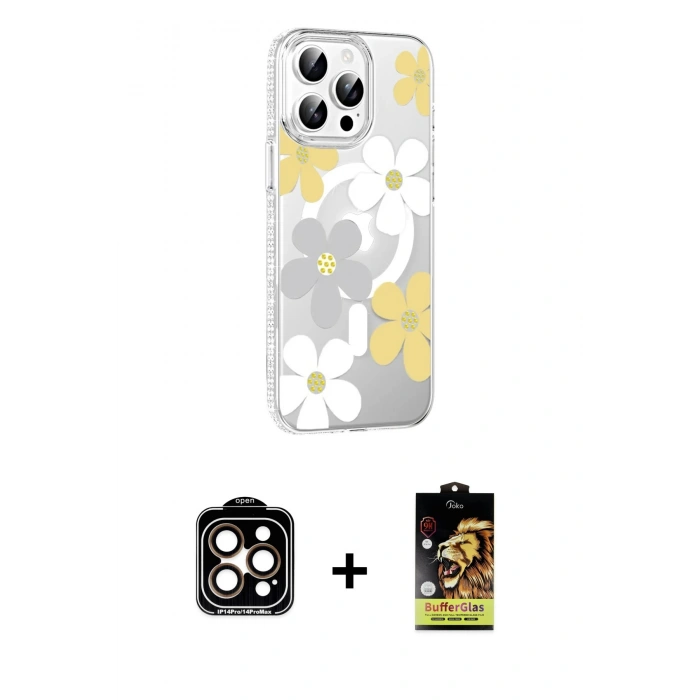 MARSİLYAN™- iPhone 14 Pro Max Kılıf Yörünge Işık Prime - Siyah Buffer Cam Ekran Koruyucu + PVD Metal Kamera Lens - TU