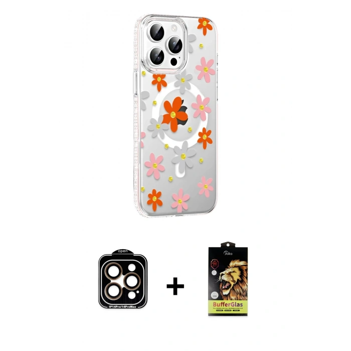 MARSİLYAN™- iPhone 14 Pro Max Kılıf Yörünge Işık Prime - Siyah Buffer Cam Ekran Koruyucu + PVD Metal Kamera Lens - TU