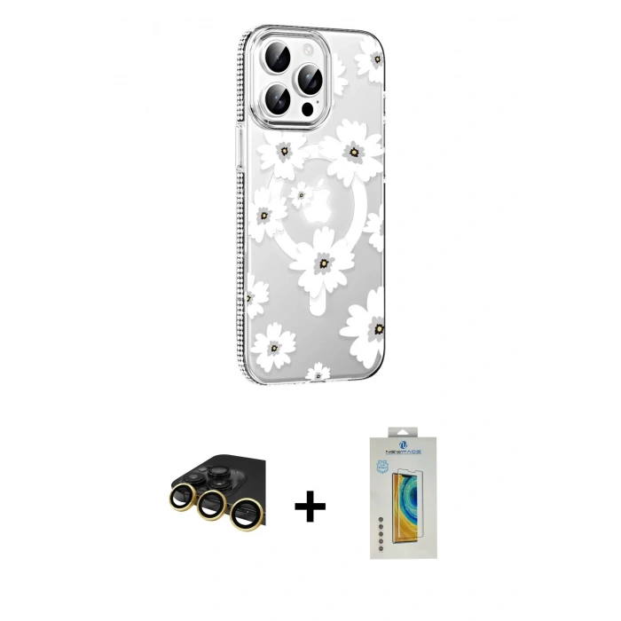 MARSİLYAN™- iPhone 14 Pro Max Kılıf Yörünge Işık Prime - Siyah Polymer Nano Ekran Koruyucu + Gold Raze Metal Kamera Lens